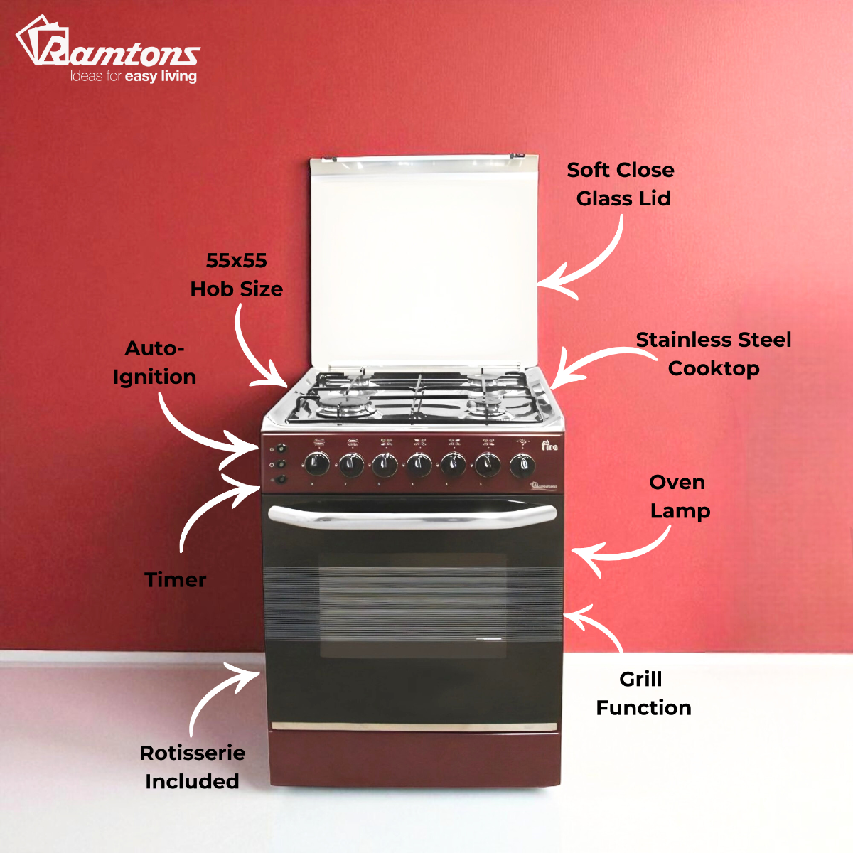 4 Gas 55X55 Dark Red Cooker - EB/303 thumbnail 3